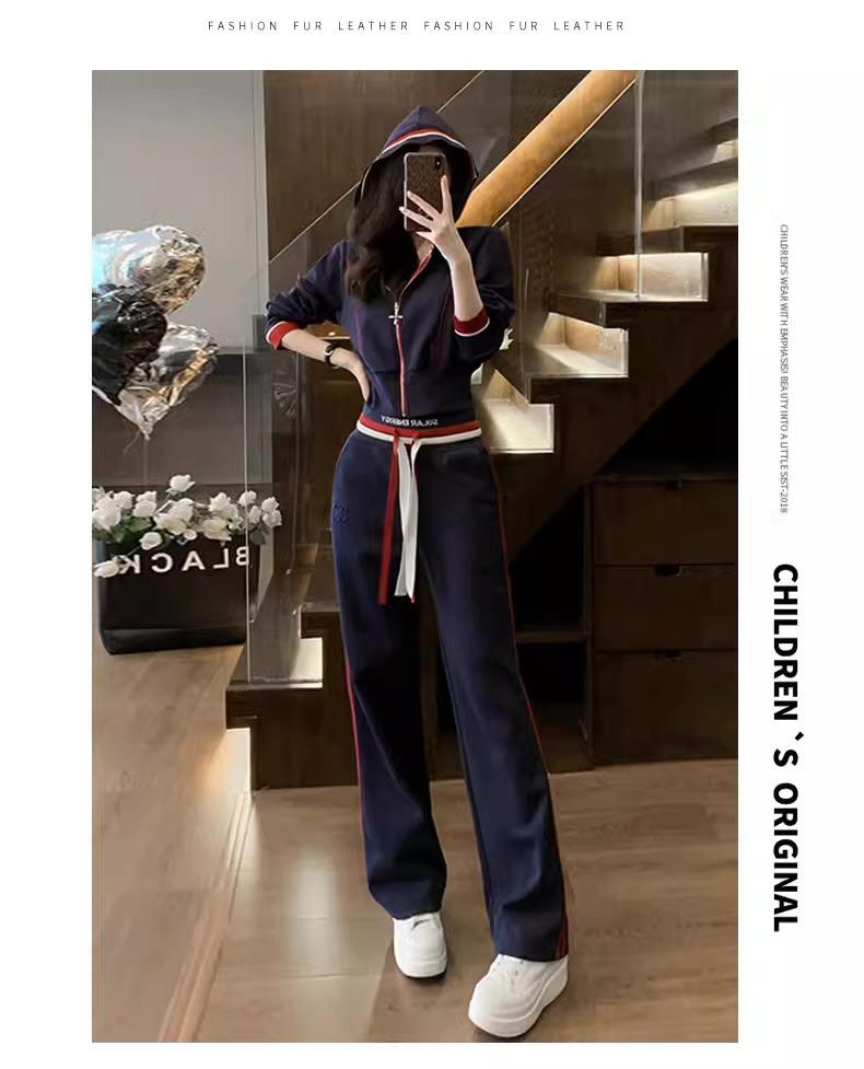 Autumn 2024 Women's Stylish Long-Sleeve Hooded Cardigan & Wide-Leg Pants Two-Piece Suit