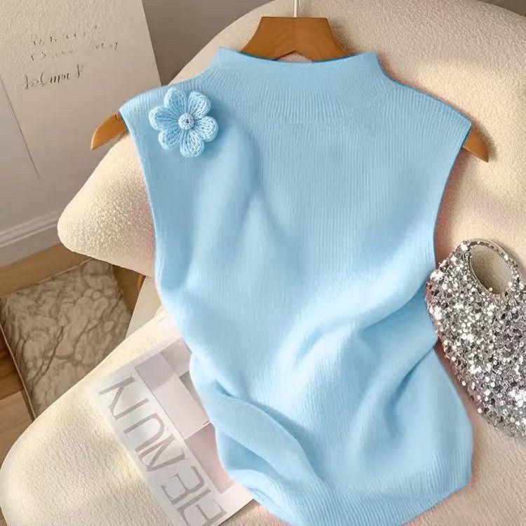 

Желтый Трехмерный Цветочный Вязаный Жилет из Ледяного Шелка Женский Летний Плиссированный Топ без Рукавов с Воротником-стойкой L синий