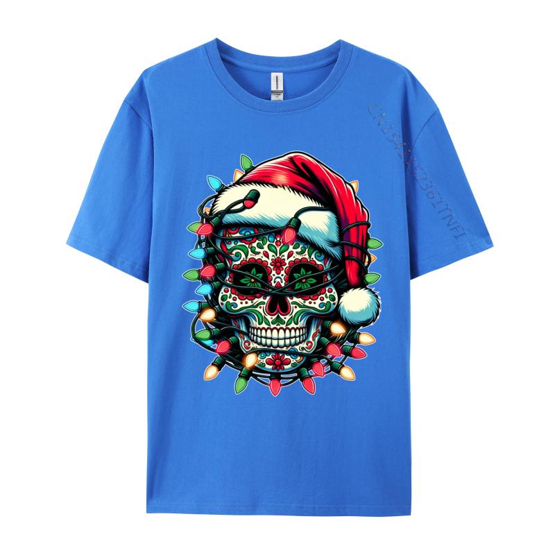 Weihnachten Zuckerschädel Weihnachtsmannmütze Lichter Tag der Toten X-Mas T-Shirts Herren T-Shirt Tops Baumwolle Oversized T-Shirt Herren Kleidung