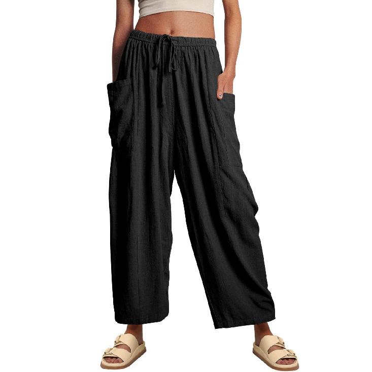 2026 Spring/Summer Women's Elastic Waist Pleated Mid-Waist Straight-Leg Loose Casual Cropped Pants