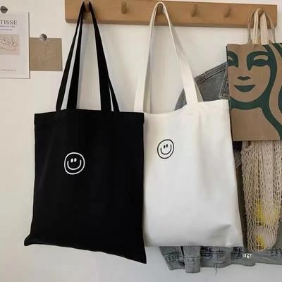 Dámská plátěná taška přes rameno s potiskem usměvavé tváře, dámská neformální kabelka, tote bag, bavlněná opakovaně použitelná nákupní taška na pláž