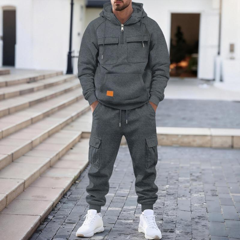 Herren Freizeit Zweiteiliger Trainingsanzug Halber Reißverschluss Hoodie und Cargo Jogginghose Set