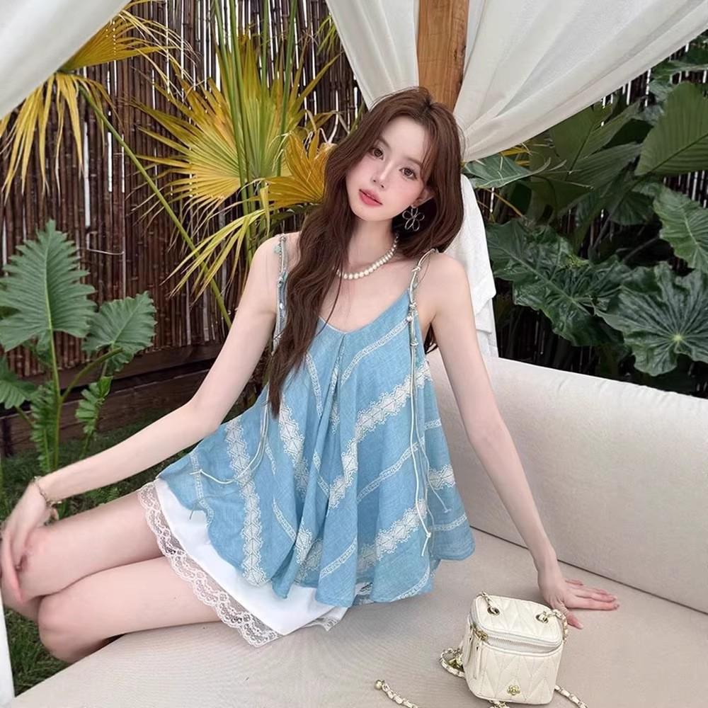French Style Summer Beaded Camisole with Lace Patchwork Skirt S