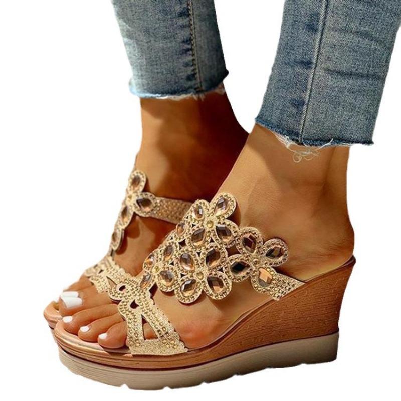 Damensandalen mit Fischmaul in großer Größe, neue Damen-Sandalen mit dickem Boden, Keilabsatz, flachem Boden, Strass, coole Slipper, hohle High-Heel-Slipper