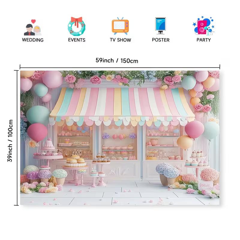 2D Cute Dessert Shop Backdrop, Pastel Macaron Photography Background