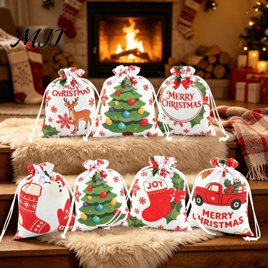 Christmas Eve Gift Wraps 2Pcs Drawstring Bags, Xmas Tree Reindeer Printed Candy Treat Decoration Pouches Pouches, Reusable Fabric Holiday Party