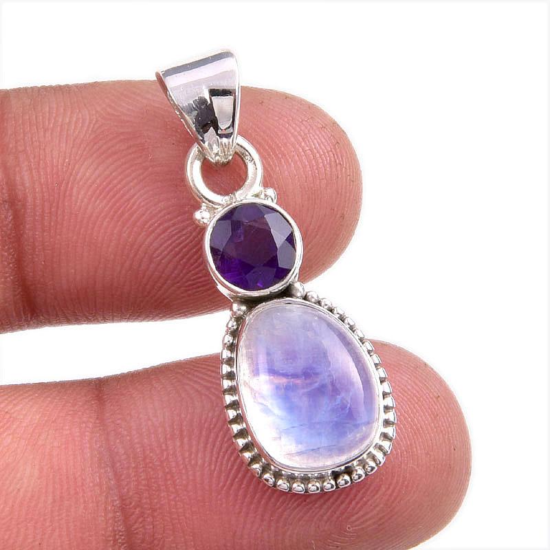 

Natural Rainbow Moonstone, Amethyst Gemstone 925 Solid Silver Pendant 1.50 L6P64