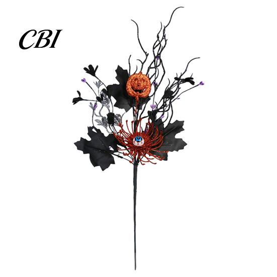 Matte Black Maple Leaves Branch Halloween Artificial Stem, Glitter Fake Twig with Pumpkin, Eyeball, Multi-branch Bouquet for Party, Indoor Table