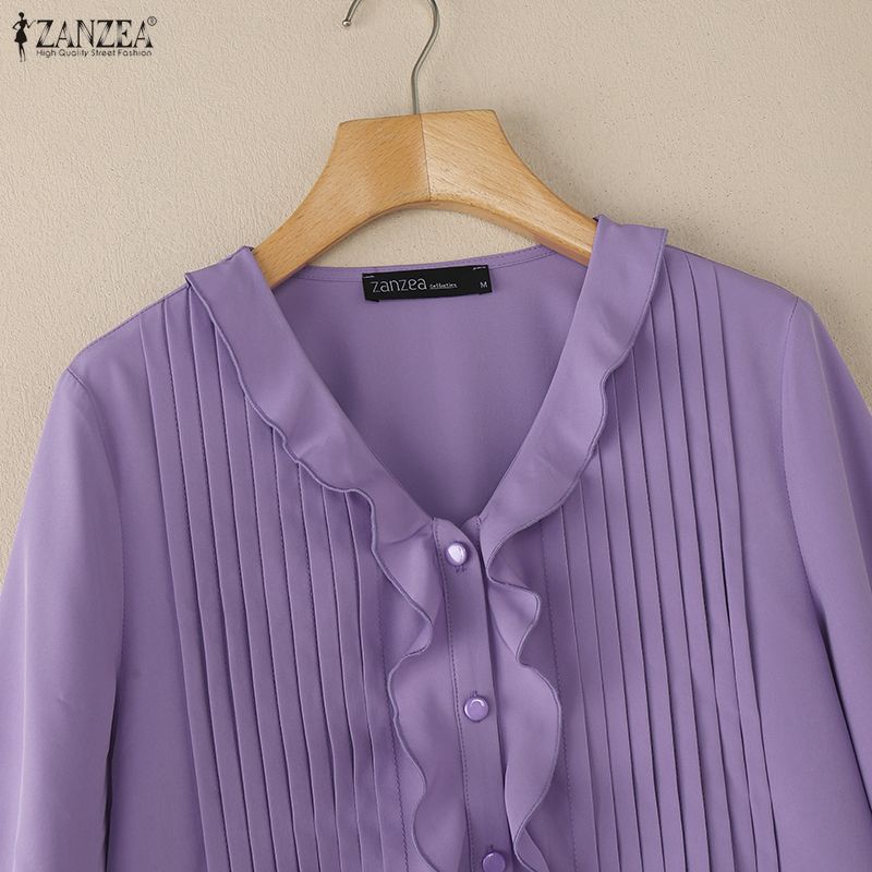 ZANZEA Blouse ample décontractée à manches longues et col en V à volants pour femmes
