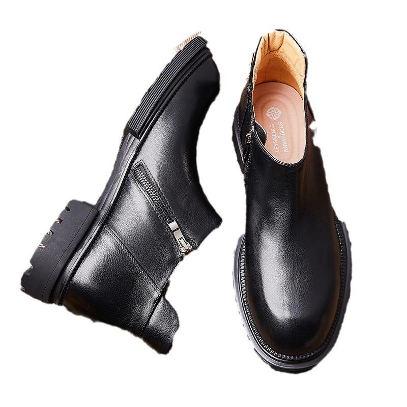 Leather Chelsea Short Boots British Style Retro Locomotive Platform Leather Martin Boots Men'S Trendy Tooling Big Head High Top Shoes