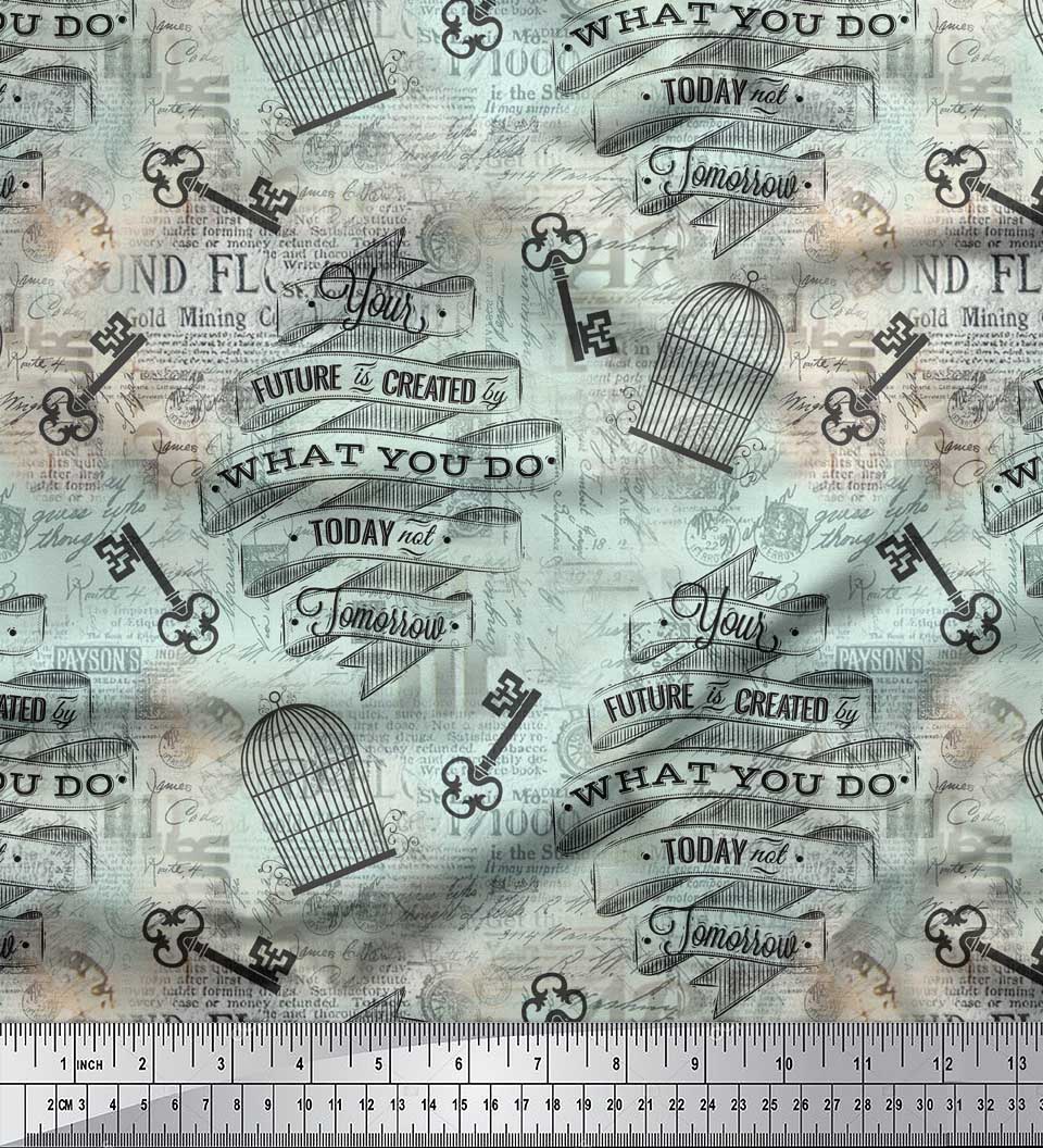 

Тканина для рукоділля Soimoi Blue Japan Crepe Satin Cage & Text Printed на метри 42 дюйма 42 Inch Wide - Poly Crepe зелений