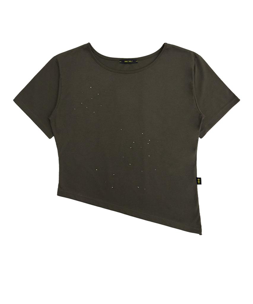 HOLYNUMBER7 Cubic Off-Shoulder Short Sleeve T-Shirt_Khaki
