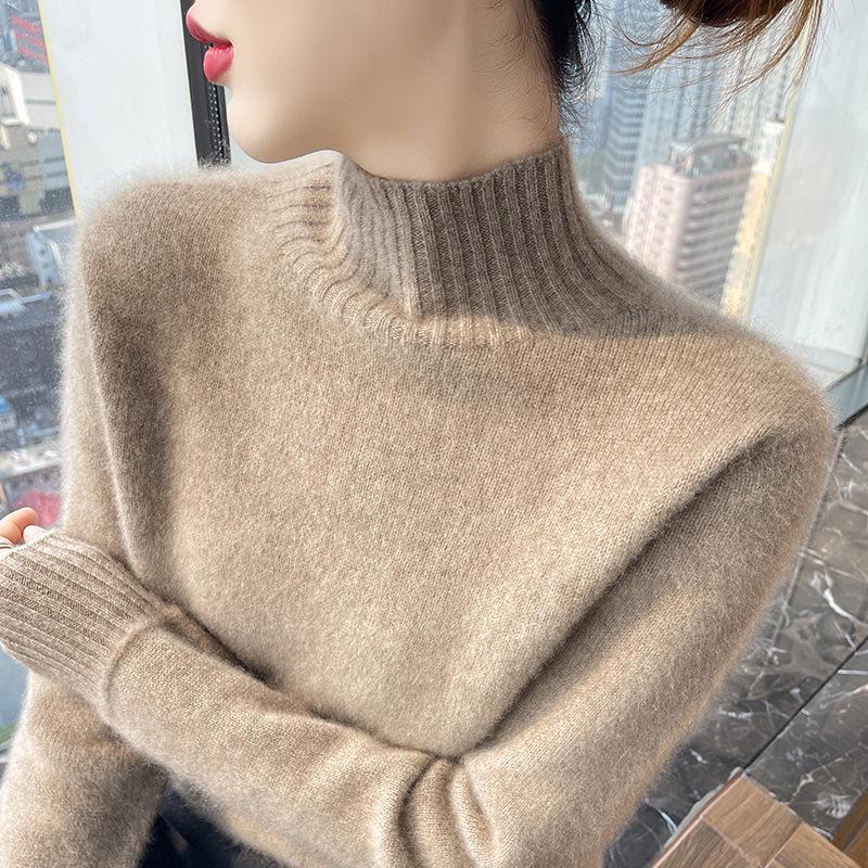 Women's Autumn/Winter Wool Sweater, Half High Neck, Loose Fit, Knit Base Layer, Seven Gauge, Thickened