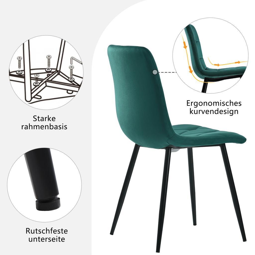 Dining Table and Chair Set (5-piece), Modern, Round, Made of Marble, Table Legs Made of Black Metal + 4 Ergonomic Chairs Made of Green Suede