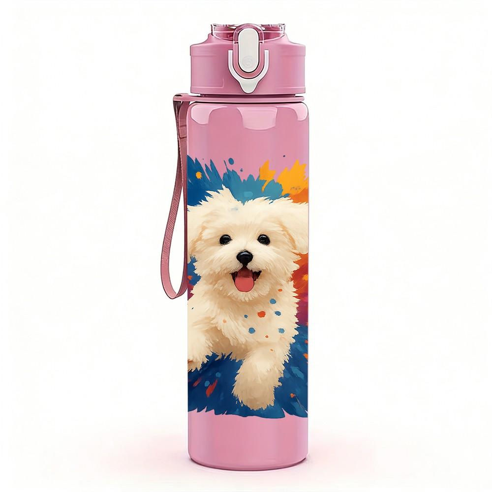1PC White Puppy Color Splash Art 750ml Color Plastic Sports Water Bottle Leakproof Flip Straw Lid For Sports Office Home Use