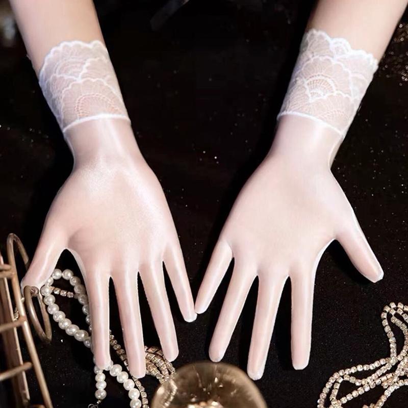 Women Oil Glossy Tight Stocking Gloves Sexy High Elastic Transparent Ultra-Thin Clubwear Short Wrist Gloves