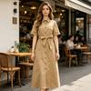 alla moda Western nuovo da donna a maniche corte con risvolto e cintura, vestito camicia color cachi con bottoni