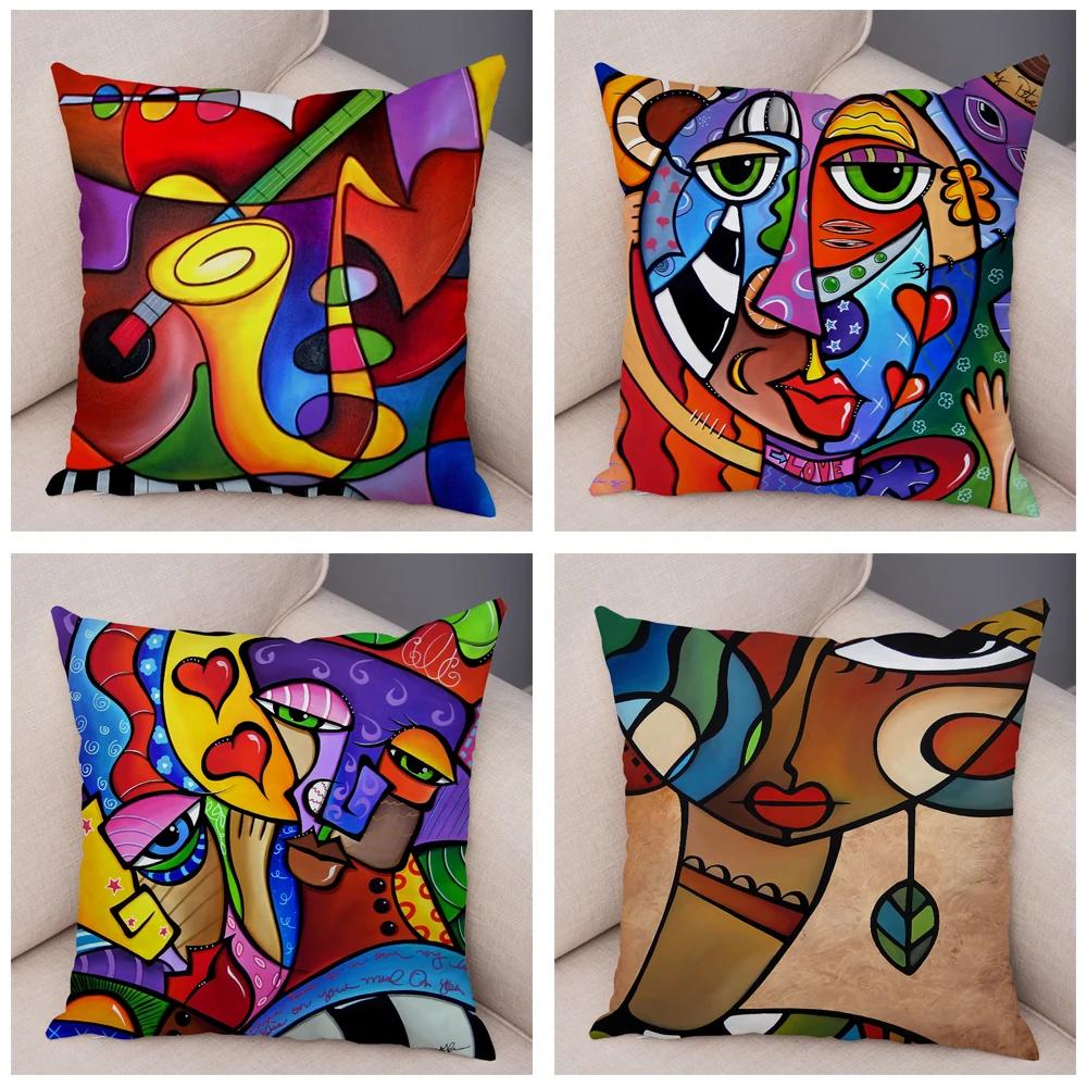 Abstract Painting Cushion Cover Decoration Nordic Style Colorful Cartoon Girl Pillowcase Sofa Home