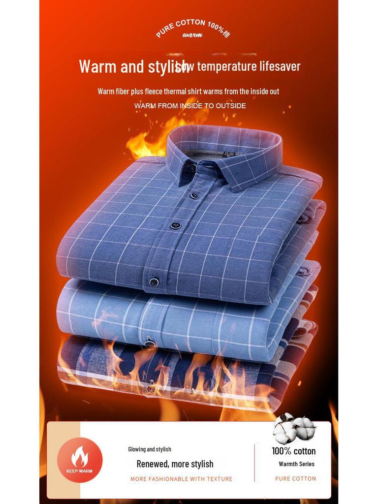 Men's Long Sleeve Cotton Plaid Shirt with Velvet Lining