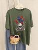 Roses With Skulls Prints T-Shirt Womens Summer Soft T Shirts Loose O-Neck Short Sleeve Tops Casual Comfortable Woman Streetwear