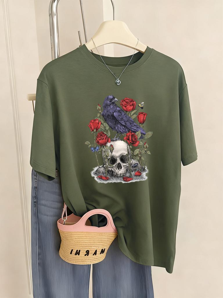 Roses With Skulls Prints T-Shirt Womens Summer Soft T Shirts Loose O-Neck Short Sleeve Tops Casual Comfortable Woman Streetwear