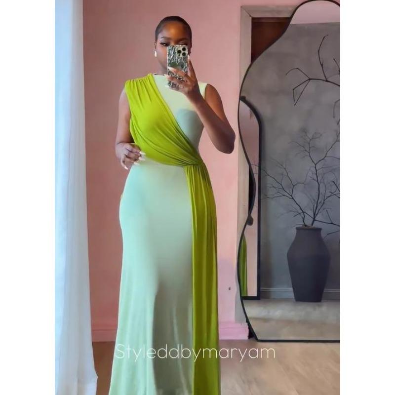 Summer New Sleeveless Round Neck Fashion Slim Fit Color Matching Design Long Dress S белый