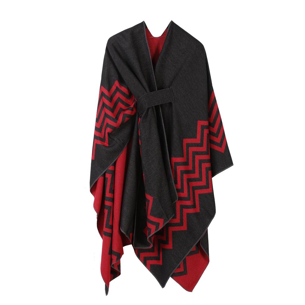 Women's European & American Double-Sided Solid Color Cape Shawl with Striped Edge