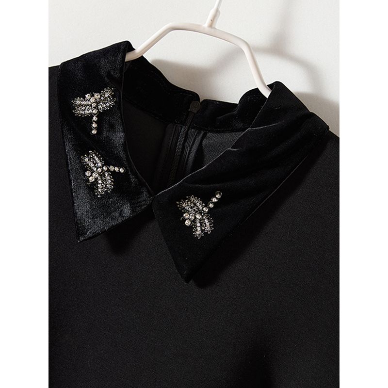 Classic Hepburn Black Dress! Female Lapel Rhinestone Portable Air Cotton Sleeveless Dress Fall and Winter