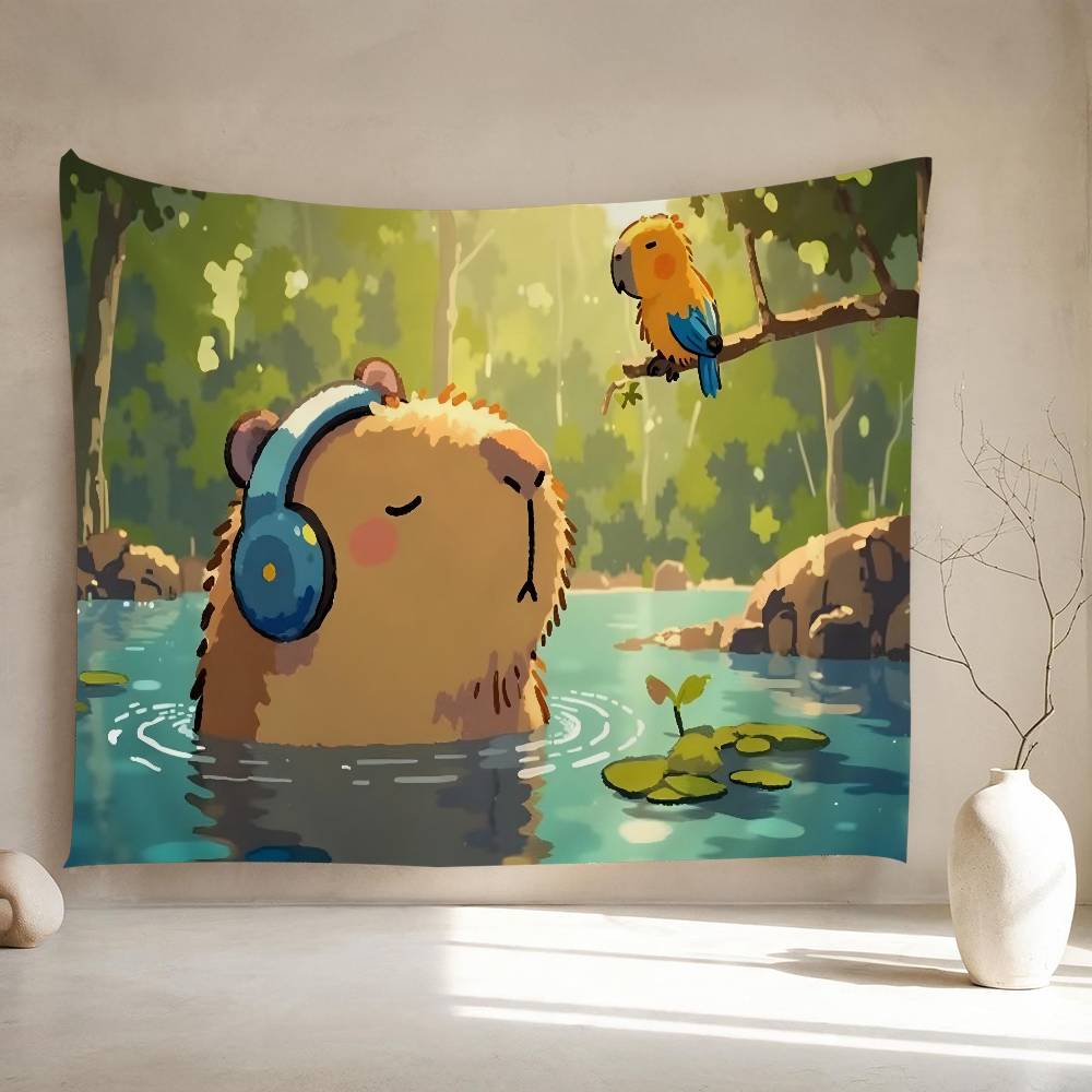Süße Capybara Cartoon Sommer Wandteppich Kunstdruck Japanischer Wandbehang Anime Wandbehang Heimdekoration