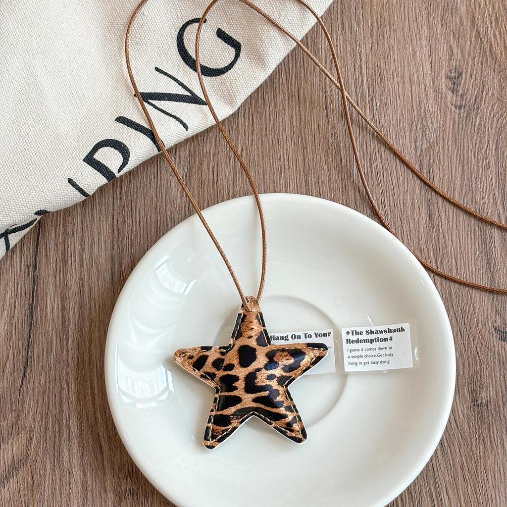 Leopard Print Leather Star & Heart Pendant Necklace - Fashionable, Casual, Versatile Sweater Chain Jewelry