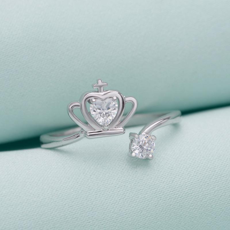 Korean Style Fresh Zircon Crown Heart Open Ring - S925 Sterling Silver