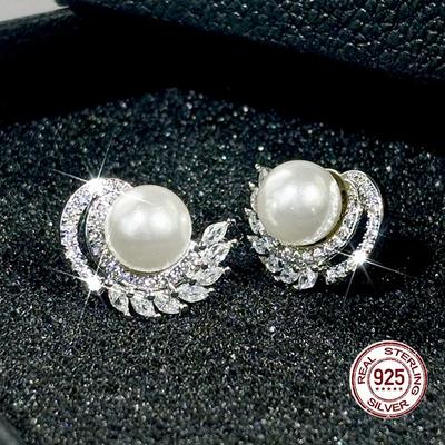 White Pearl Shiny Zirconia Wing Stud Earrings for Women Wedding Accessories for Engagement Elegant  Sterling Silver