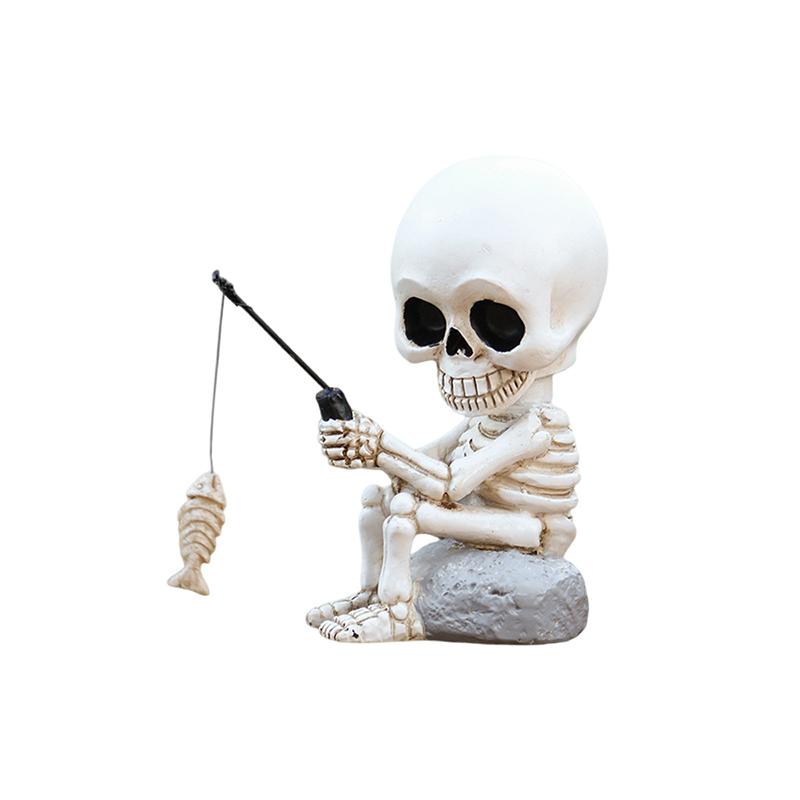 Fishing Skeleton Statue Halloween Decorations, Cute Sitting Skull Figurine Shelf Sitter Resin Sculpture For Outdoor Garden Yard