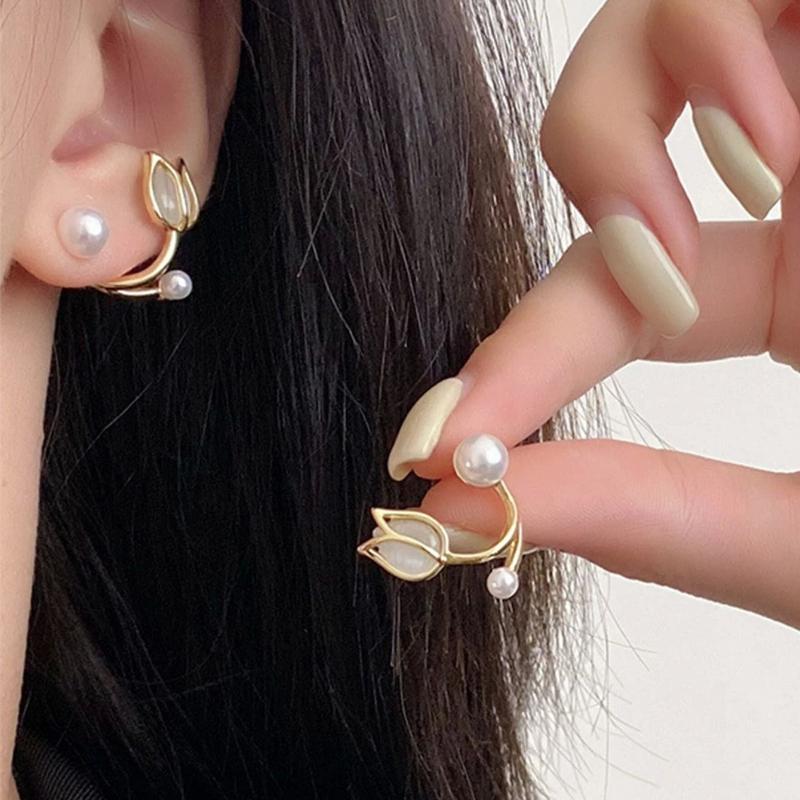 Topshiny Tulip-Shaped Earrings for Women, Unique Design, French Style Flower with High-End Cat's Eye Stone & Faux Pearl Decoration Valentines