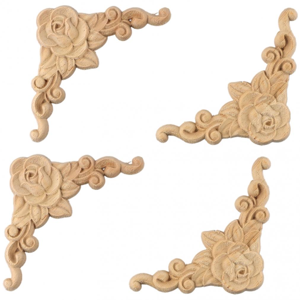 4pcs Wooden Carved Corner Onlay Applique Furniture Mouldings Decal Decor
