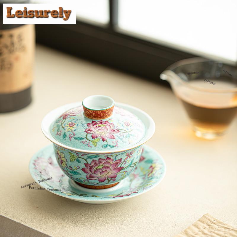 171ml Color Enamel Lotus Gaiwan Ancient Tea Tureen Tea Bowl With Lid Kit Tea Maker Cover Bowl Tea Services Accessories Ornaments