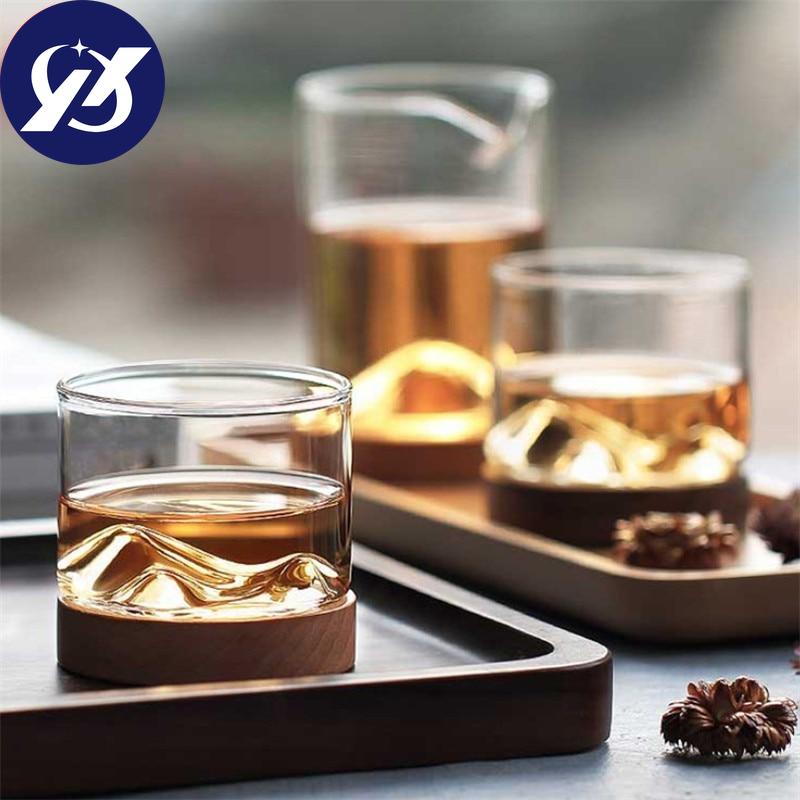 120ML Transparent Mountain W skey Glass with Wooden Base Heat Resistant Beer Glass Wine Water Tea Cup Set Bar Drinkware