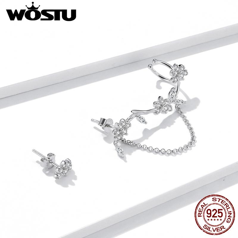 

Серьги WOSTU с цветущими цветами, стерлинговое серебро 925 пробы, асимметричные прозрачные серьги с цирконием для женщин, свадебные модные ювелирные изделия 925 silver