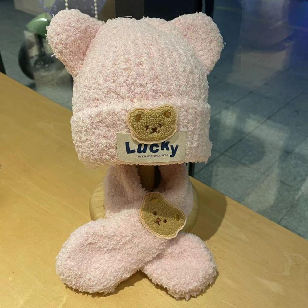 Neck Scarf Kids Crochet Hat Bear Children's Ear Protection Hat Baby Hat with Scarf  Toddler