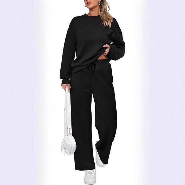 2026 Women's Fall/Winter Long Knitted Two-Piece Set with Long Sleeve Top and Wide-Leg Lace-Up Pocket Pants