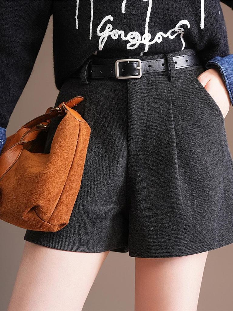 Plus Size Women's High Waist A-Line Woolen Shorts - Autumn & Winter, Loose Wide Leg, Bootcut, Slimming Fit