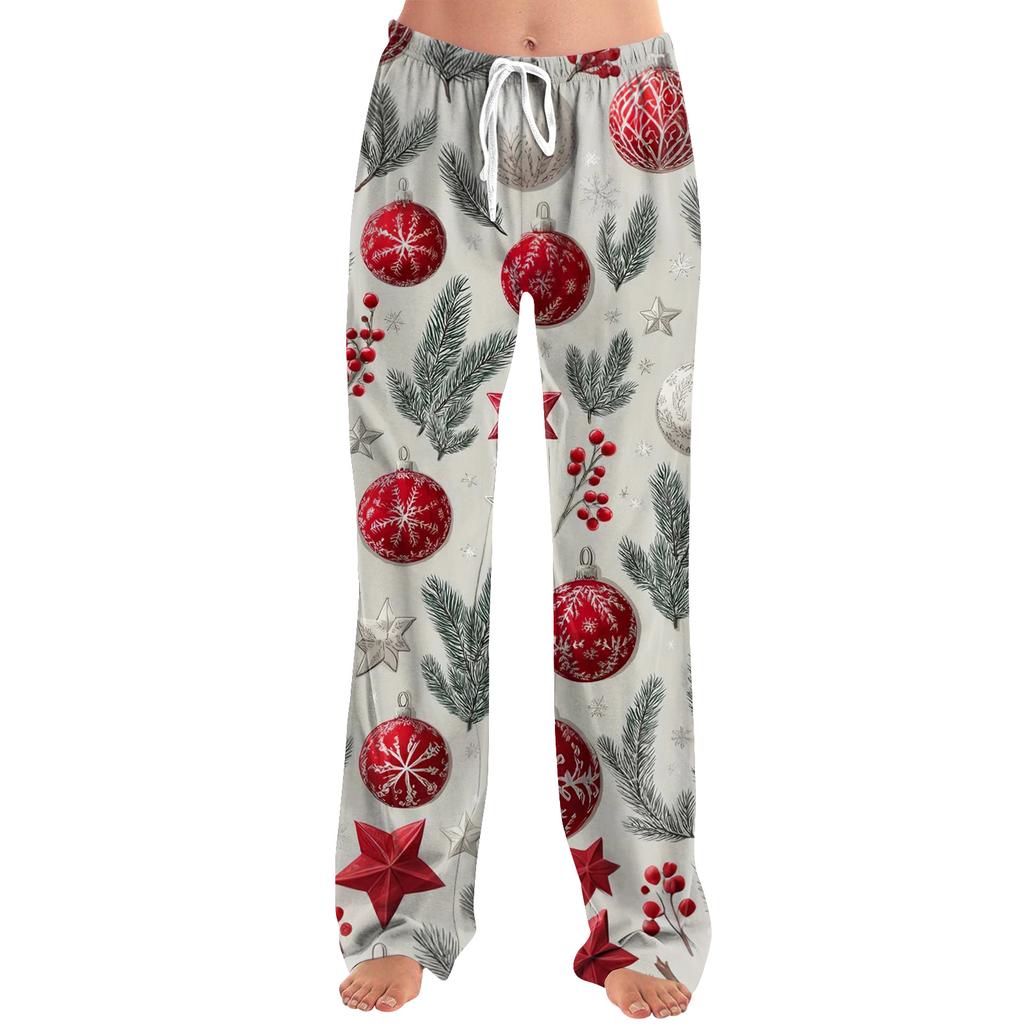 Ladies' Loose And Casual Christmas Printed Wide Leg Pants With Elastic Waistband Drawstring And Pocket Pants