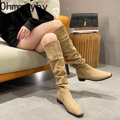 Street Style Pointed Toe Woman Western Cowboy Boots Fashion Slip On Low Heel Long Booties Botas De Inverno Feminina