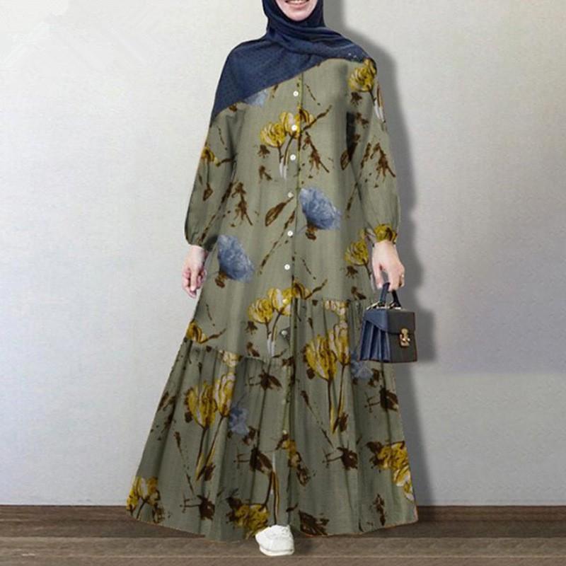 Damen Plus Size Baumwoll-Leinen Langarm Locker Floral Maxikleid 2026 Süß Lässig A-Linie Rock