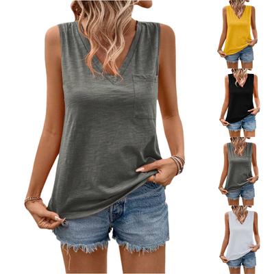 Damen V-Ausschnitt Lässig Mode Locker Vielseitige Weste Ärmelloses T-Shirt Mit Taschen