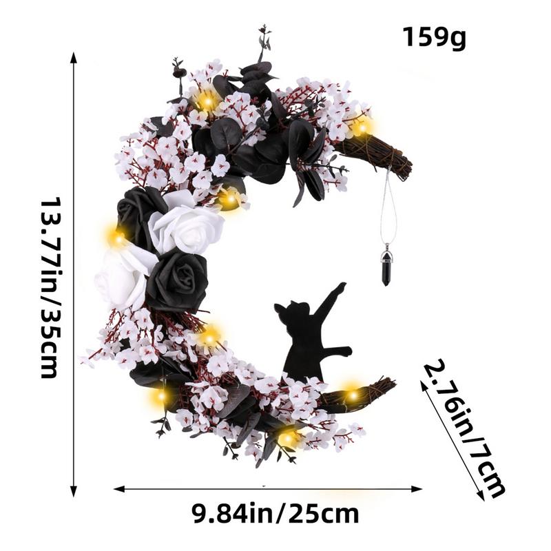 Black Roses Artificial Flowers Moon Shaped Garland Cat Door Wreaths Halloween Decoration Simulation Plants Flower Wall Hangings