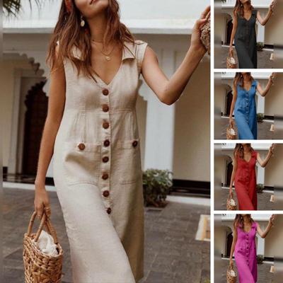 Summer Women Lapel V-neck Shirt Dress Sleeveless Single Breasted Pockets Solid Color Midi Dress Streetwear