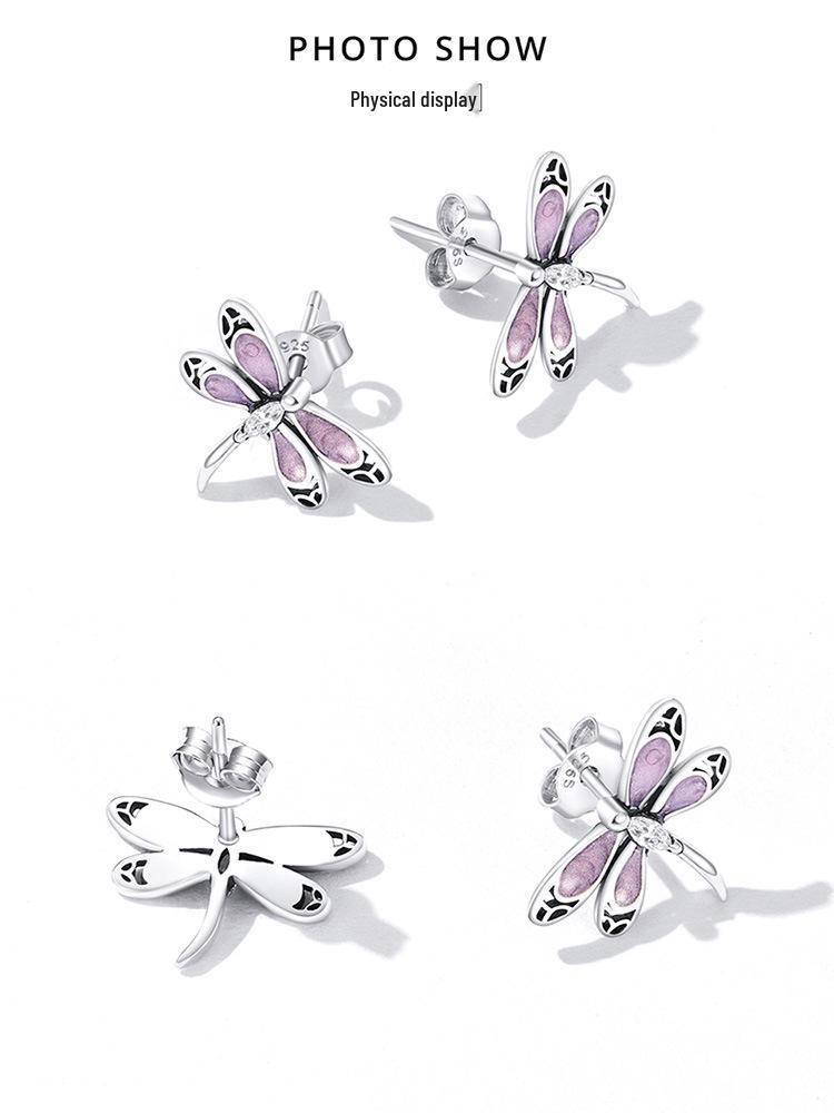 Avle S925 Sterling Silver Dragonfly Earrings with Pink Zircon and Exquisite Hollow Design, SCE1414