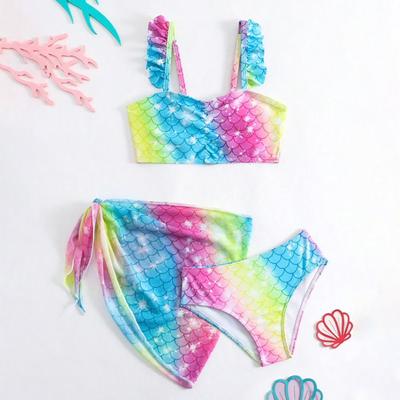 Dvojdielne plavky pre dievčatá s potlačou morskej panny, top Tankini a spodný diel so sarongom, súprava plaviek pre deti na pláž a do bazéna