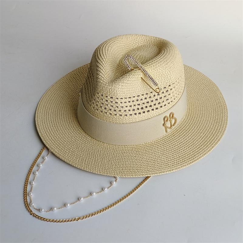

Silver straw hat straw hat pearl chain DIY flat top sun hat new Korean elastic ribbon hat beach hat candy color sun hat 56-58cm